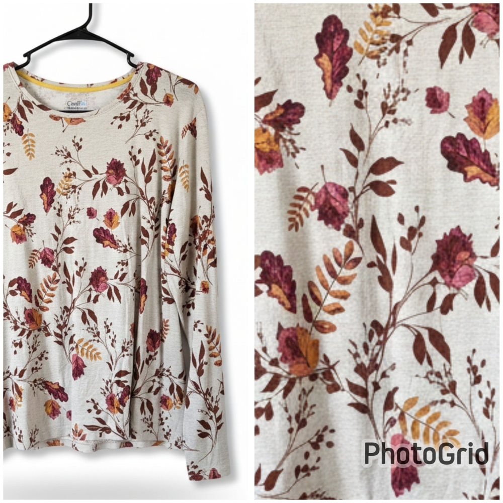 ♻️Croft & Barrow Classic Tee XXL Long Sleeve Floral Fall Top 100% Cotton
